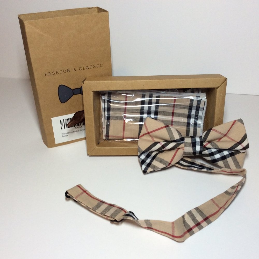 Madras Men's Bow Tie Collar and Pocket Square